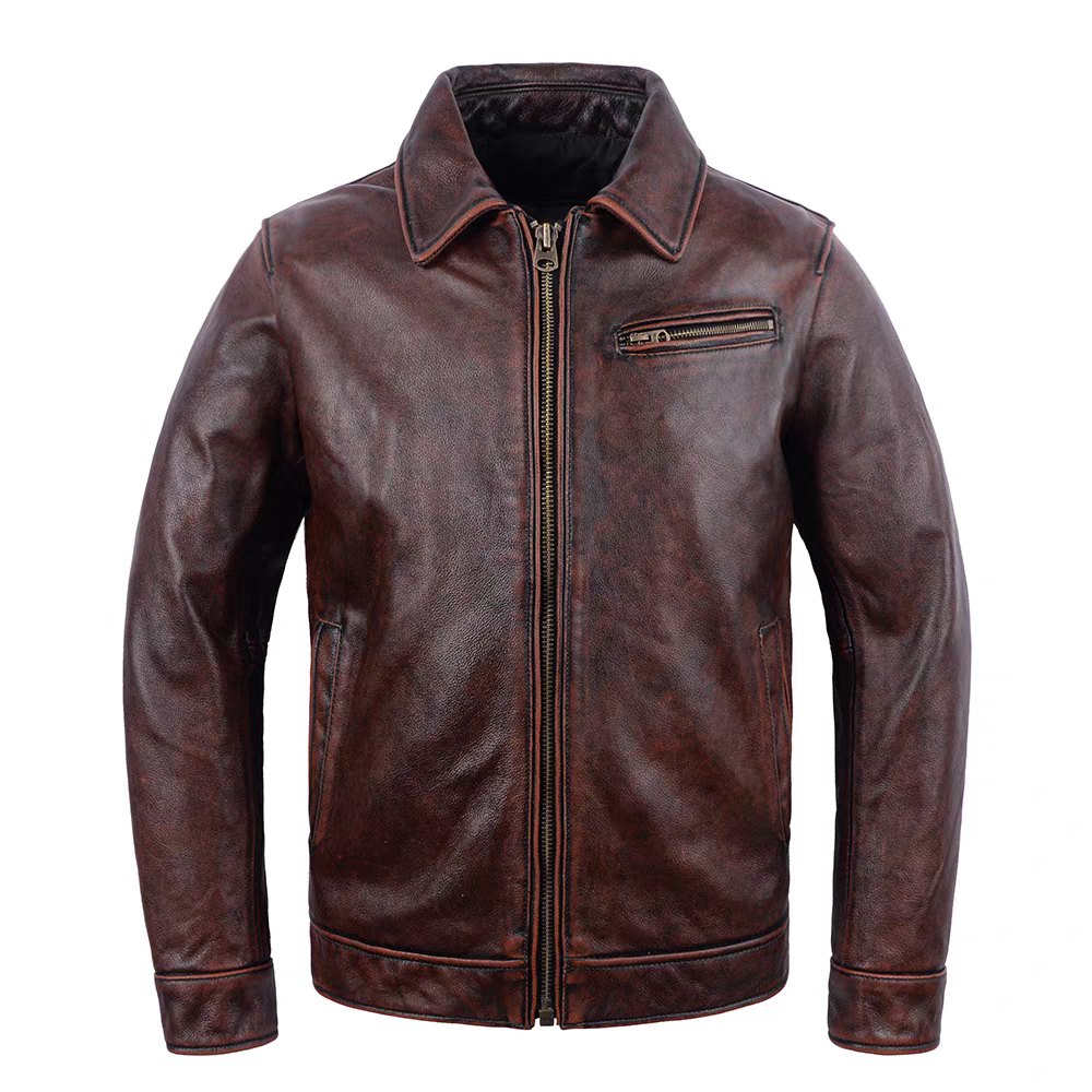 男士皮衣复古1930头层牛皮短款机车服石磨做旧纯皮夹克翻领外套