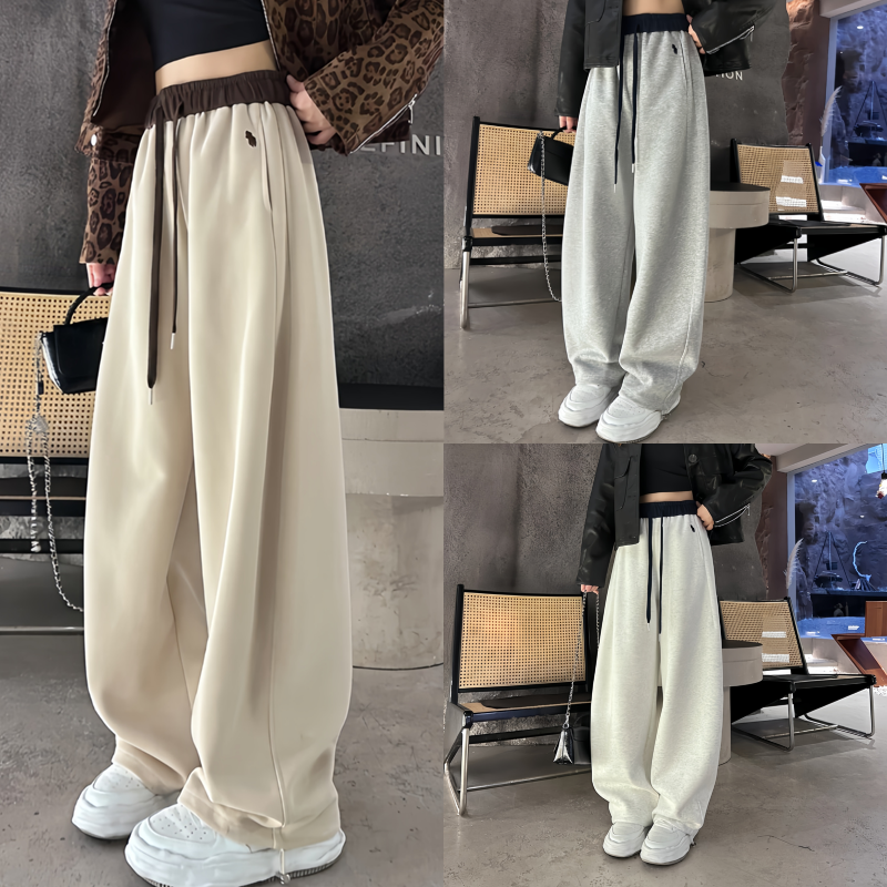 （加绒加厚）慵懒风刺绣秋冬百搭显瘦一裤两穿高腰拼色休闲弯刀裤