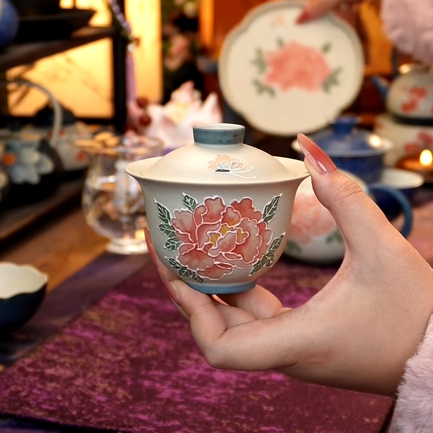 【雾蓝牡丹二才盖碗】陶瓷纯手工蝶恋花釉下手绘瓷盖碗