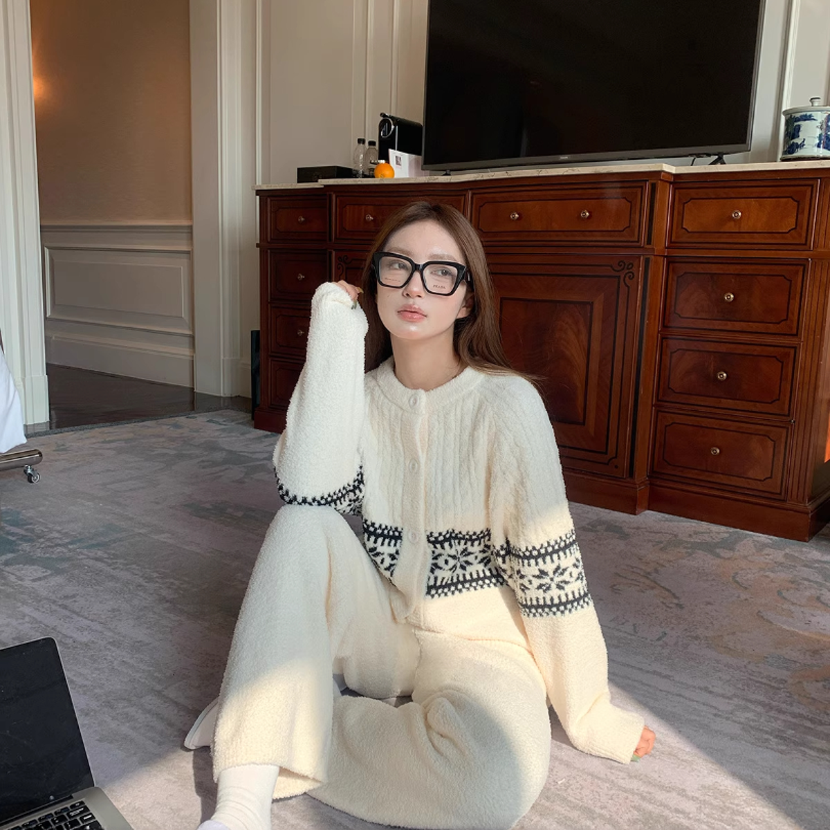 半边绒睡衣法式小香风宽松女款冬季加厚保暖开衫可外穿家居服套装