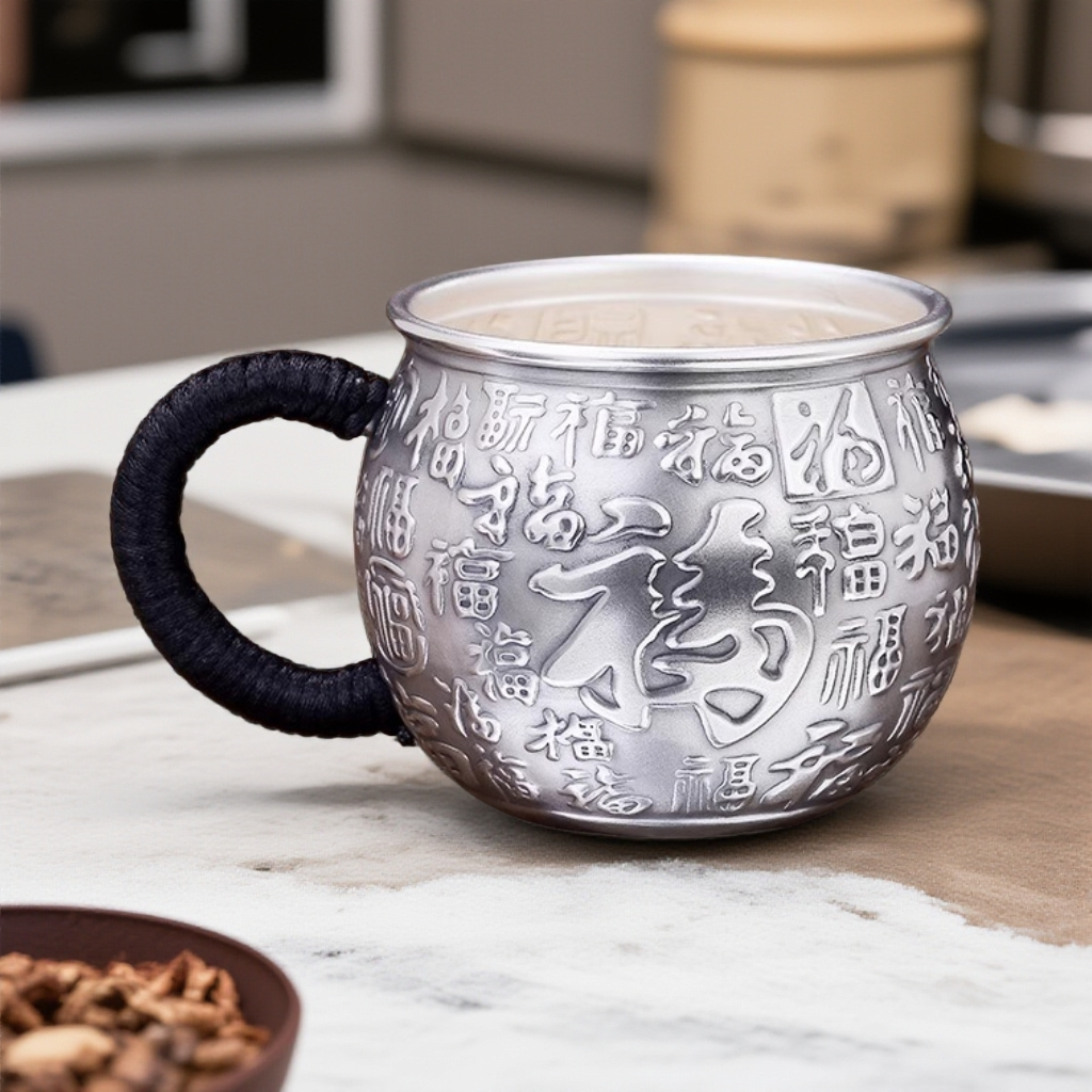 银茶杯999足银水杯创意百福品茗杯复古茶道主人杯大容量家用银礼