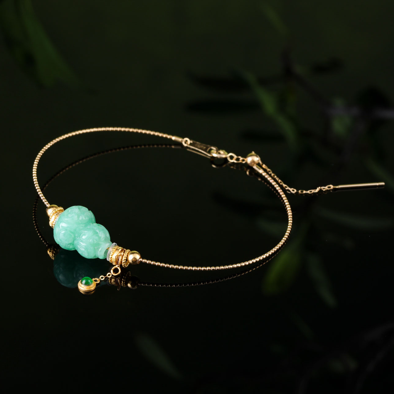 【意婵】《逆风》18k金精工抽拉缅A老翡翠葫芦手链-XYGD048116-A