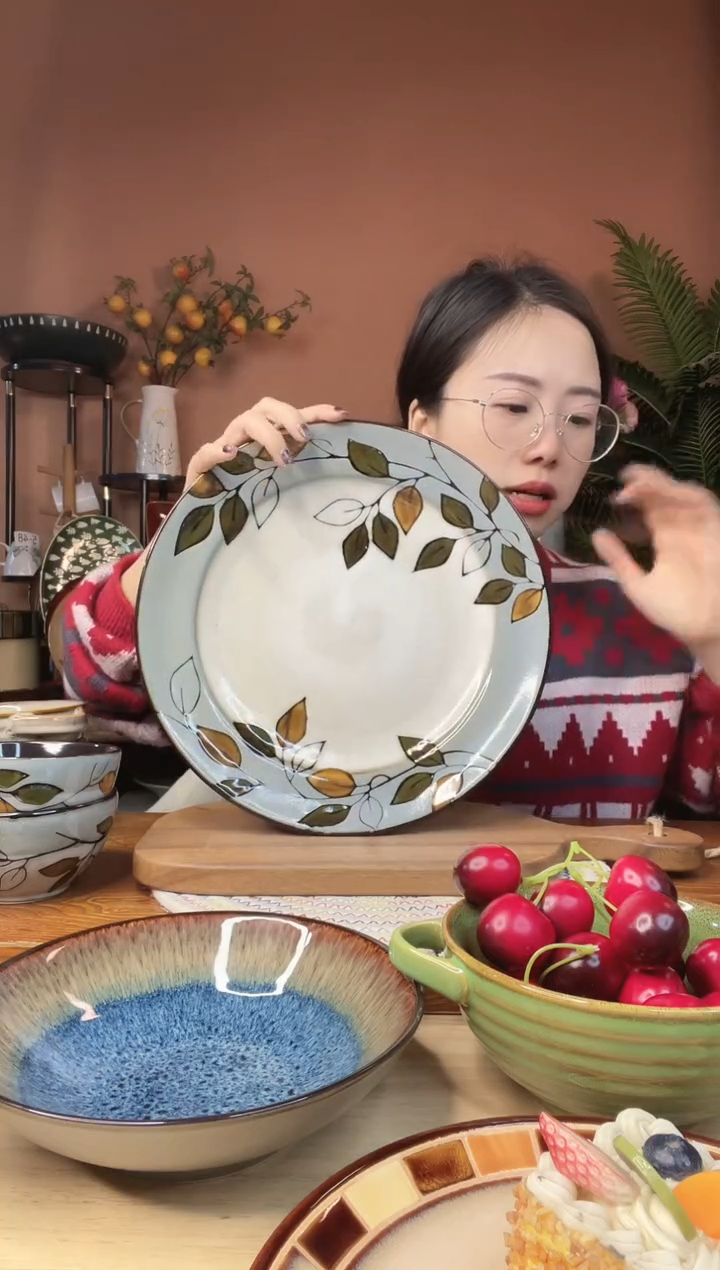 陶瓷11.3英寸手绘树叶大盘 微瑕疵