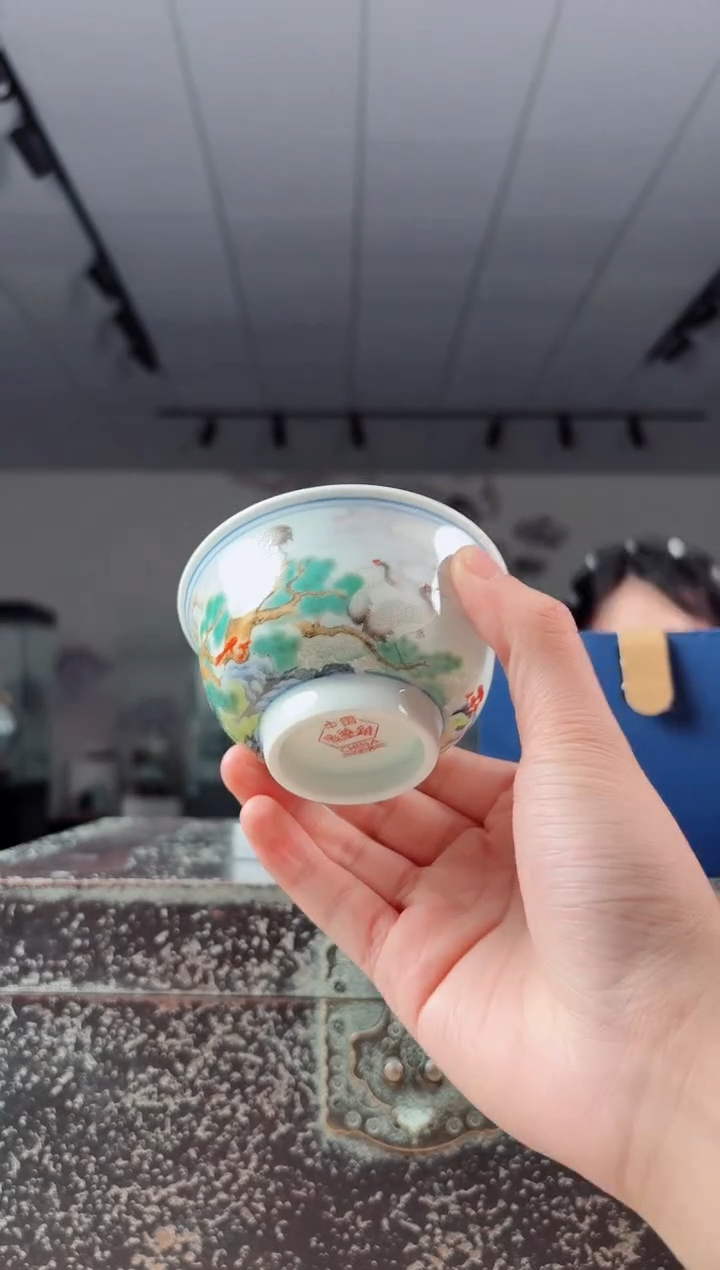 杯子陶瓷绿稀仙鹤同春茶碗+礼盒