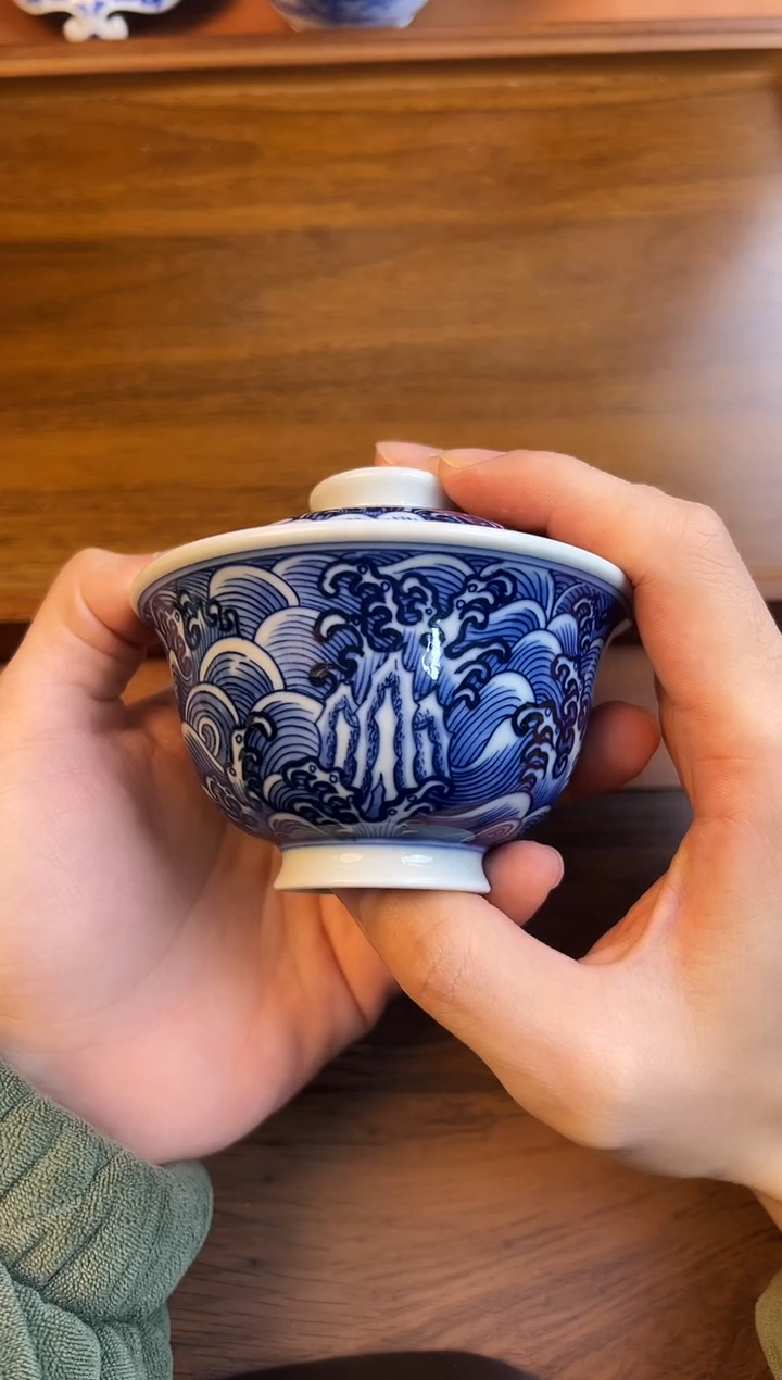 问青坊纯手工手绘青花福山寿海柴窑二才盖碗