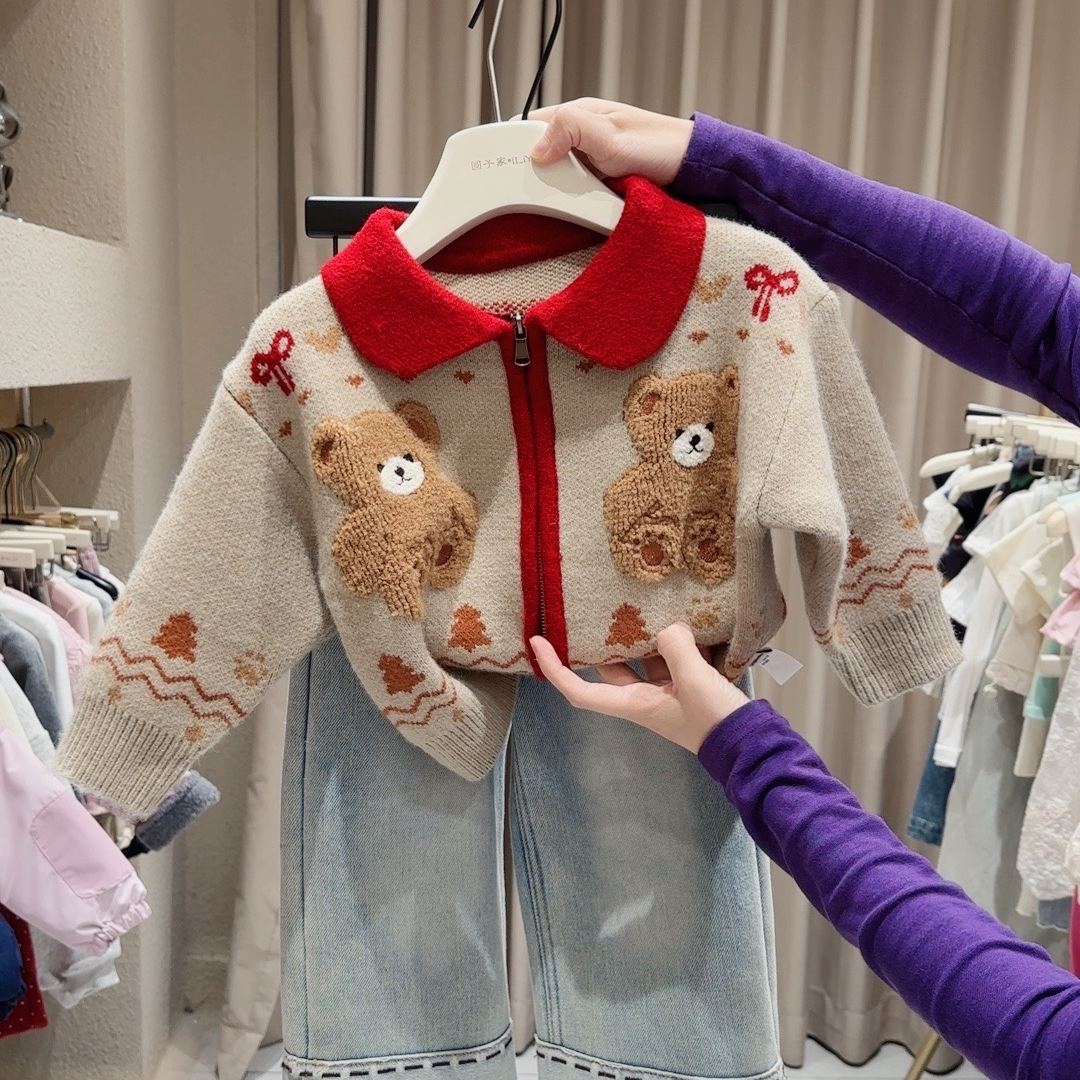 圆子家 女童加厚秋冬外套条纹针织衫开衫外套9466