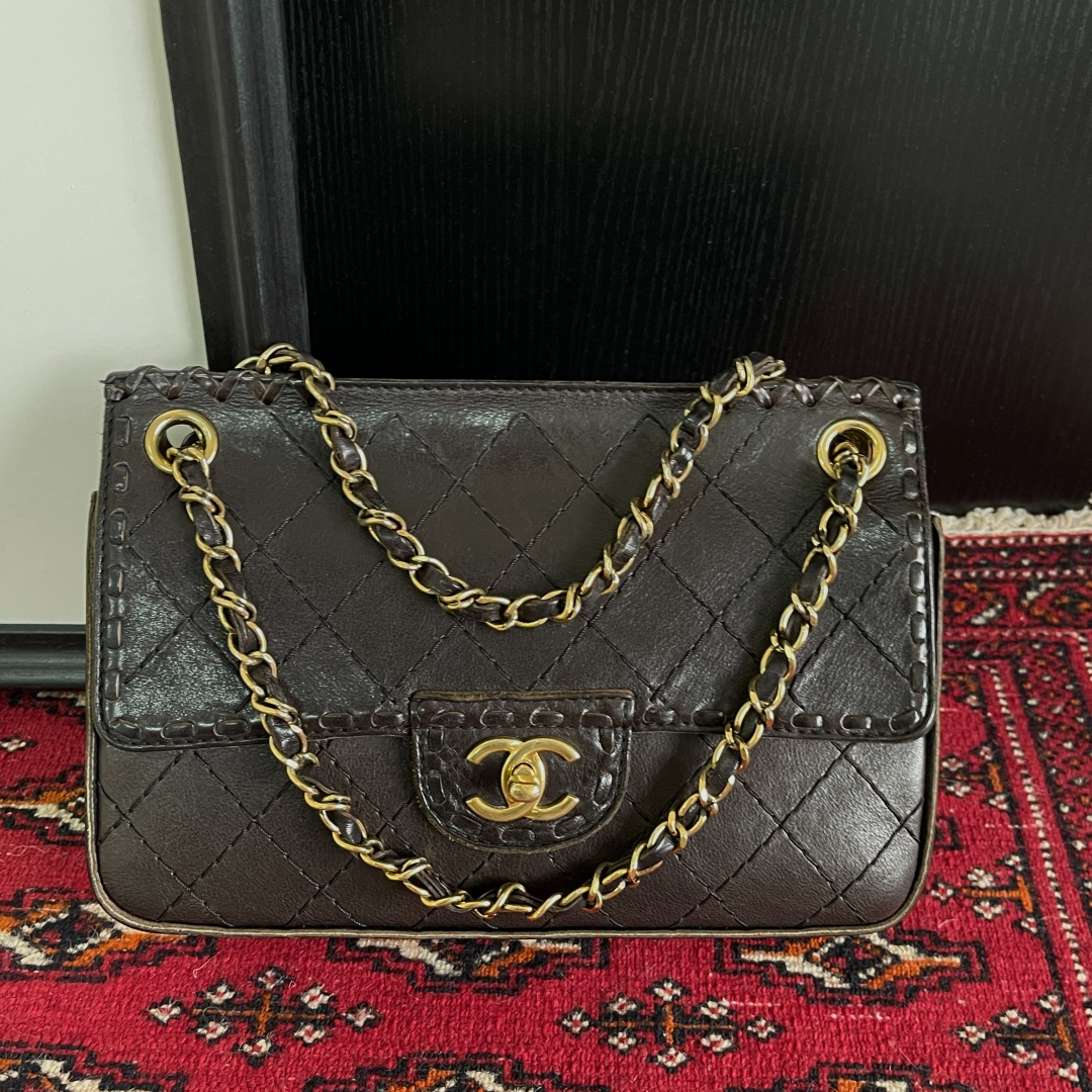 95新 Chanel/香奈儿 Chanel咖色牛皮编织做旧银CF斜挎包｜1885