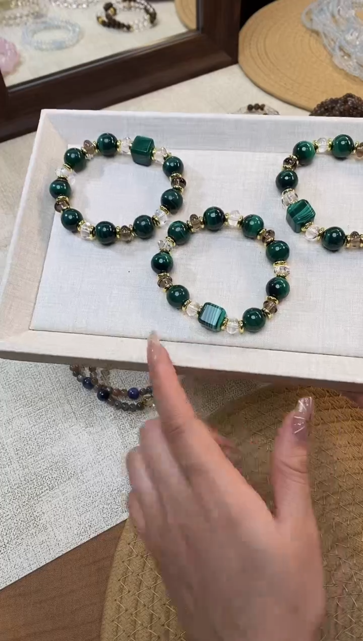 合金手链水晶《几何森林》孔雀石白水茶晶设计手串11-12mm多样发一
