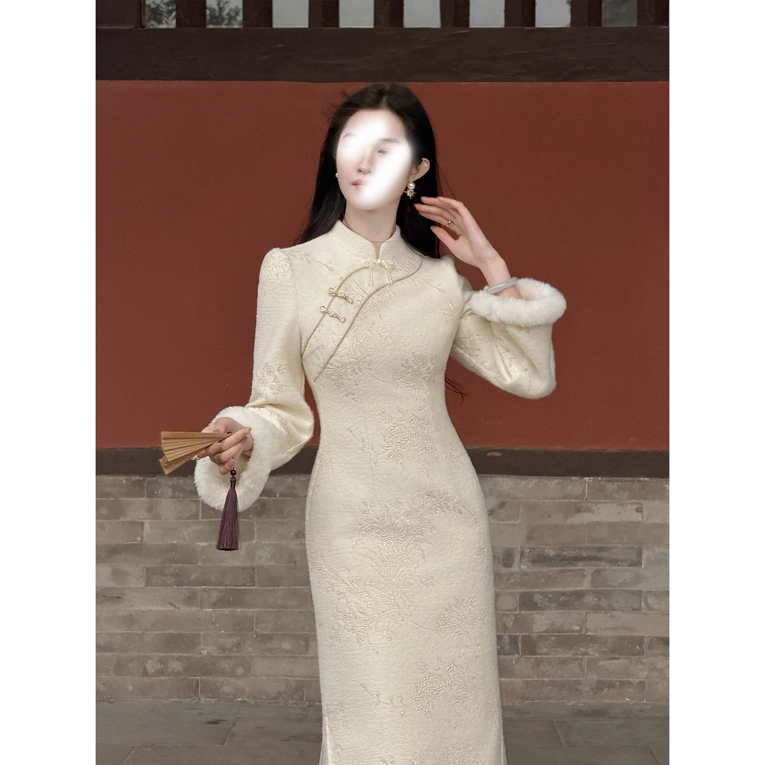 【雪莲花】新中式毛边加绒加厚连衣裙秋冬新款改良旗袍裙