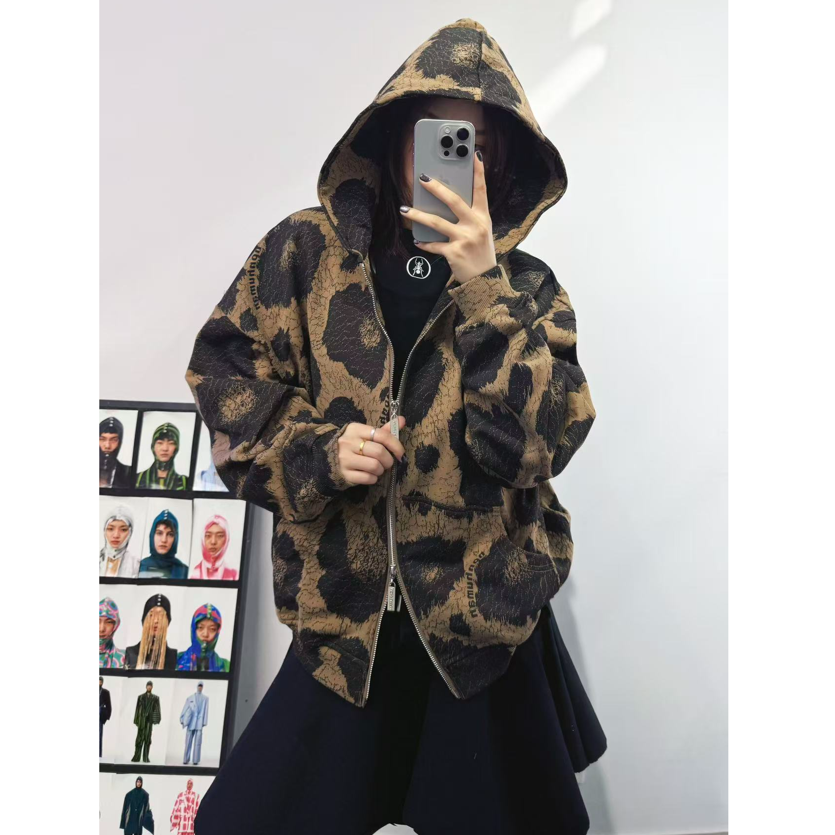 NONHUMAN豹纹印花加薄绒连帽卫衣冬季秋冬休闲时尚