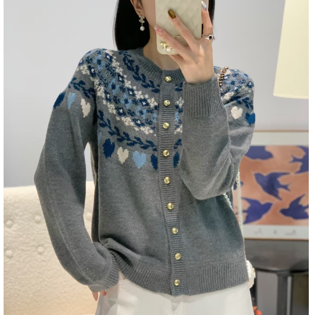 【晴晴精选】秋冬设计洋气时尚圆领爱心提花百搭气质针织开衫A996#