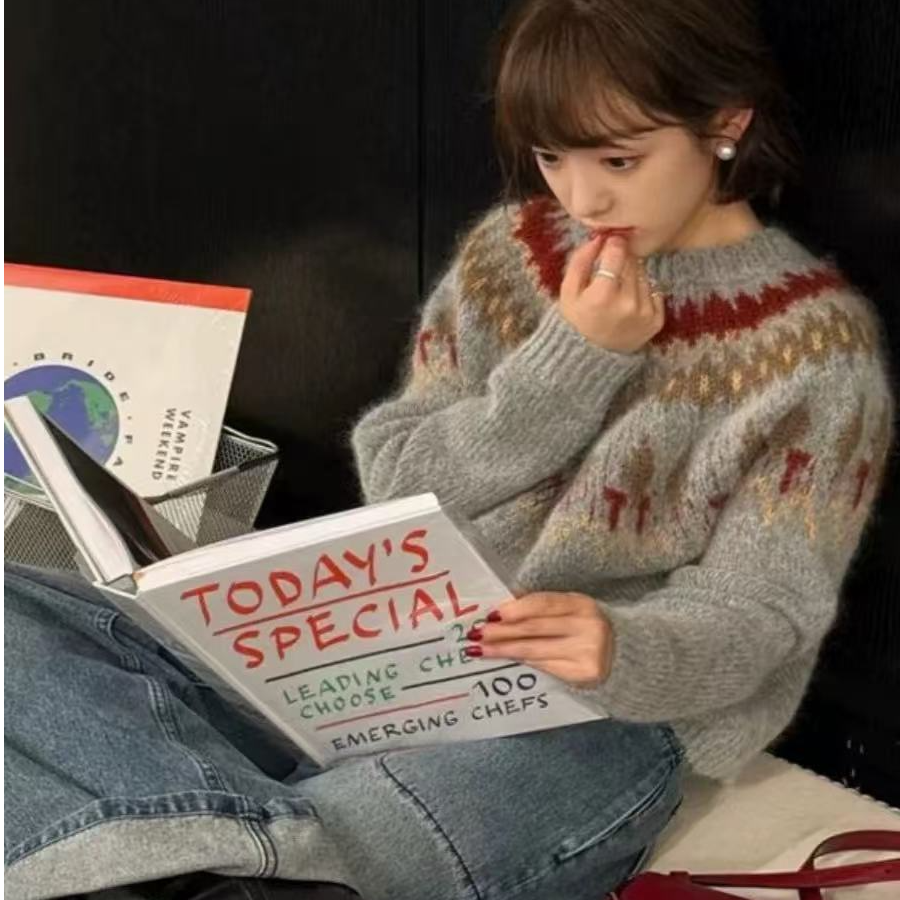 费尔岛圣诞节高级感慵懒风法式复古针织衫套头毛衣女冬季圆领上衣