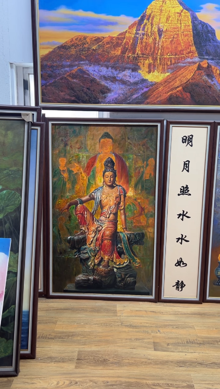 油画老**.水月观音原创艺术油画客厅禅意高级装饰版画挂画