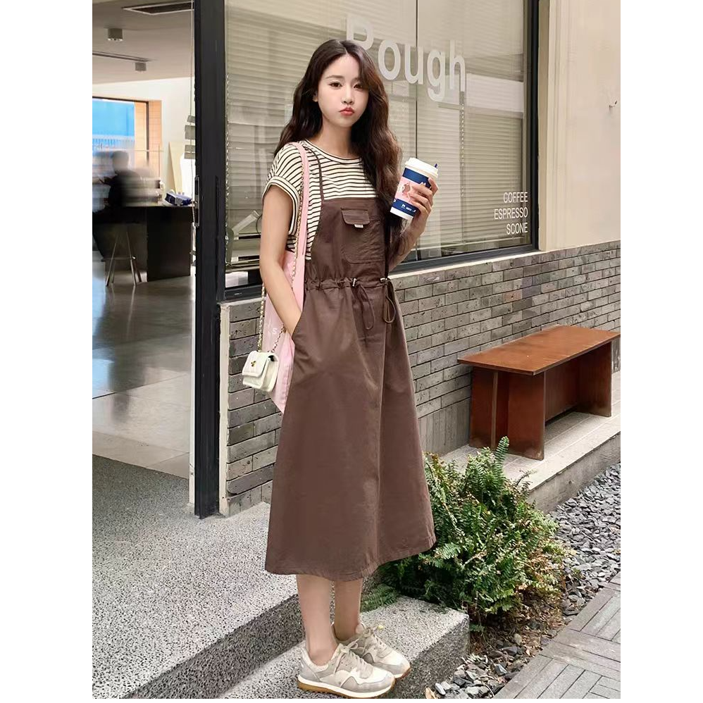 小众气质高腰裙子拼接假两件裙显瘦宽松腰连衣裙夏季小个子长裙