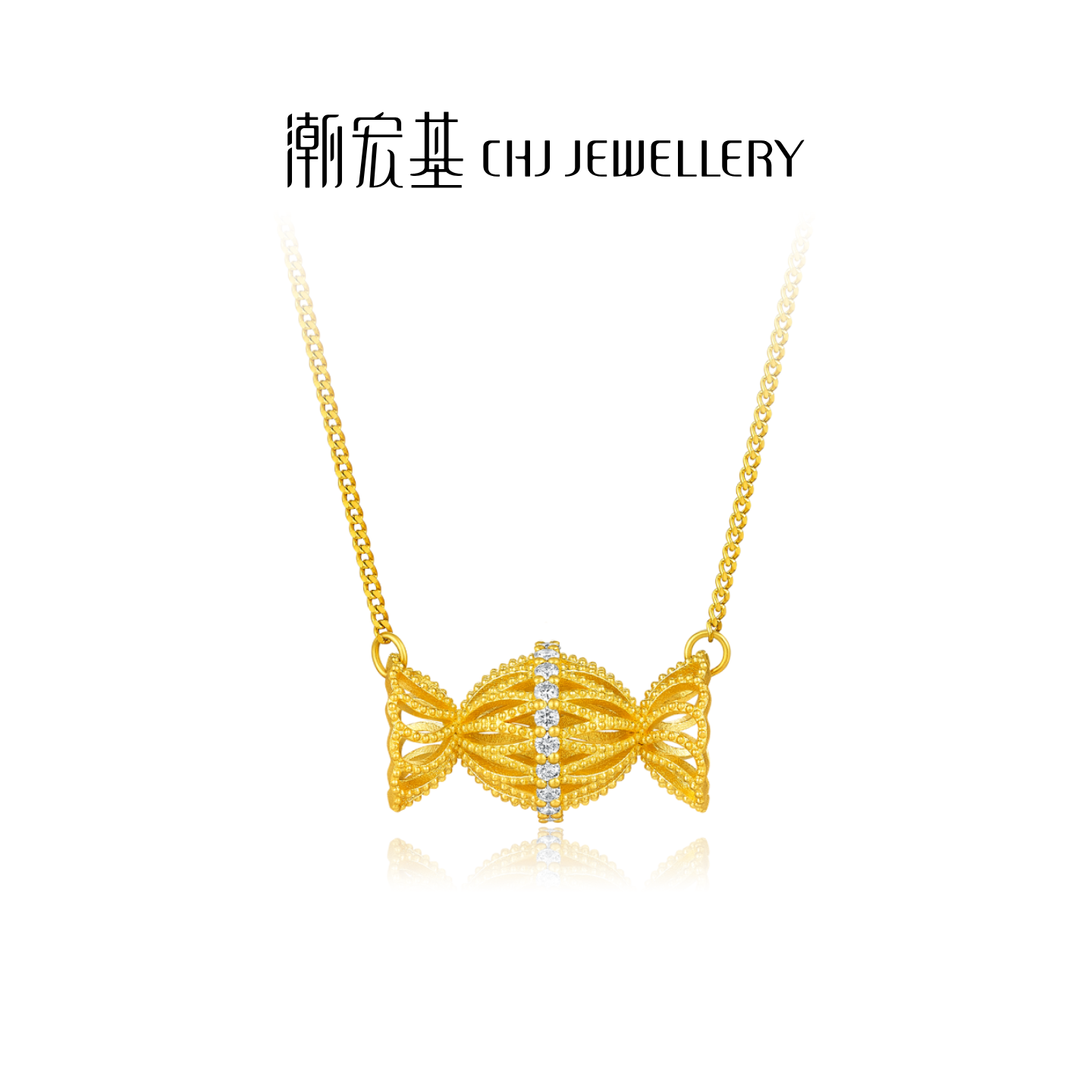 【潮宏基官旗】非遗花丝千金黄金糖果镂空项链套链镶钻@0715