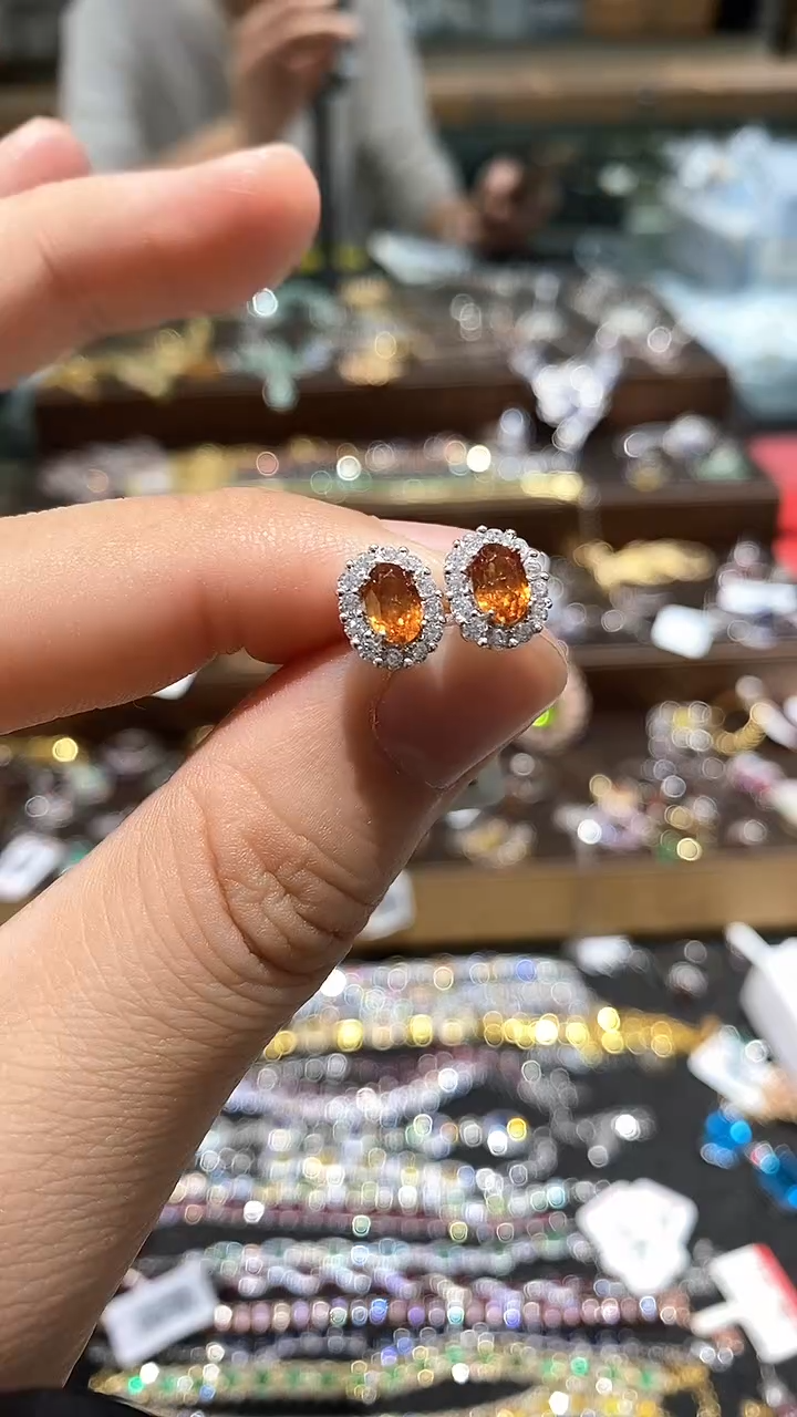 【闪购商品】石榴石（芬达石）耳饰银S925镶嵌耳钉