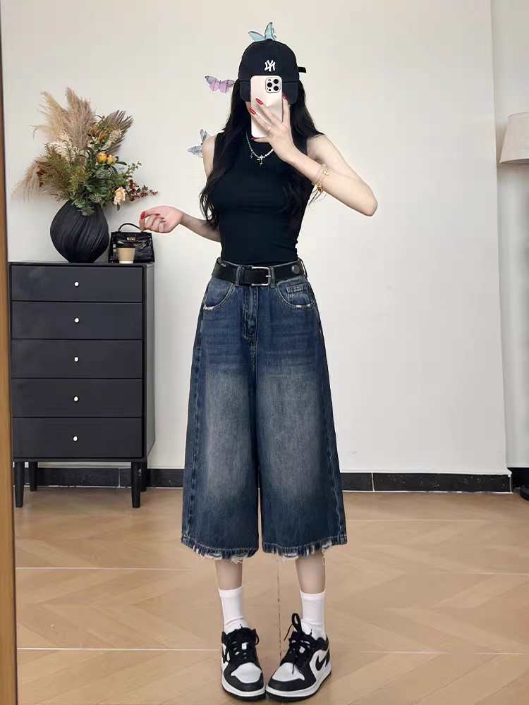 美式复古磨破宽松七分高腰牛仔裤女秋季薄款休闲汽水裤
