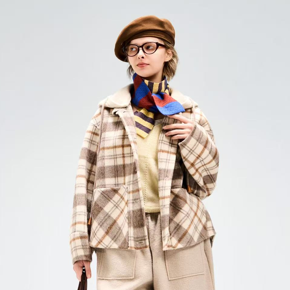 【商场品质】韩系复古格纹 针织帽拼接可拆设计感毛呢大衣 GZ 9080