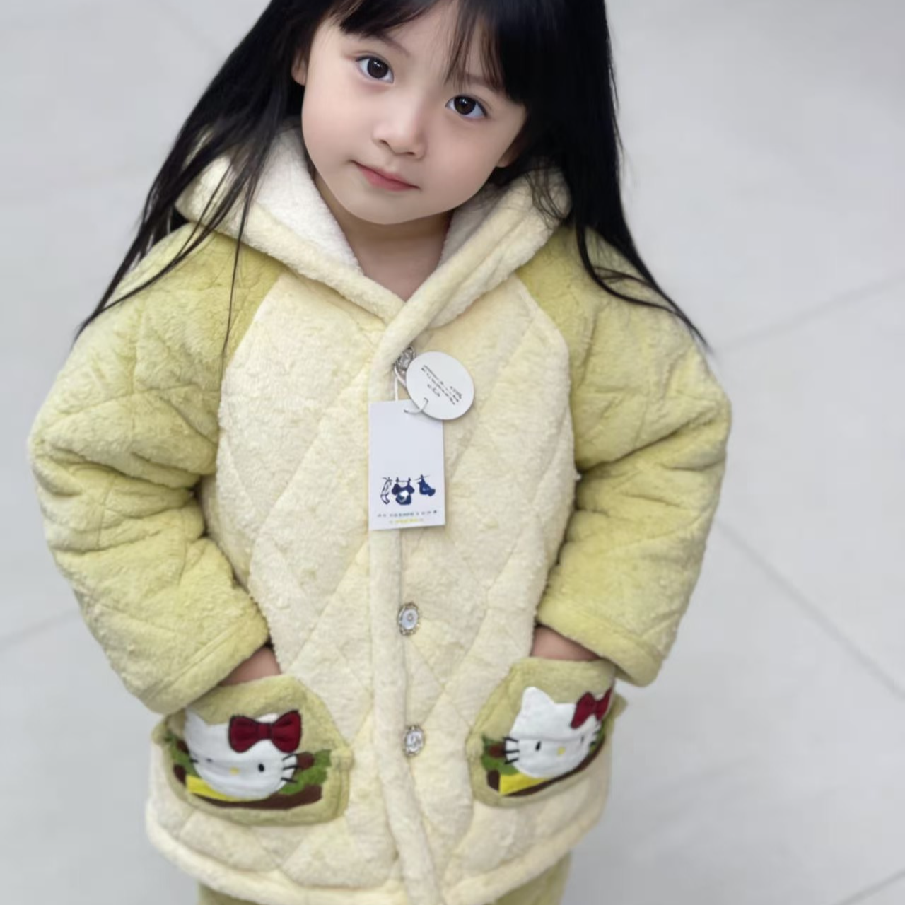 中大童熊猫KT猫三层夹棉冬季加厚男童连帽睡衣家居服