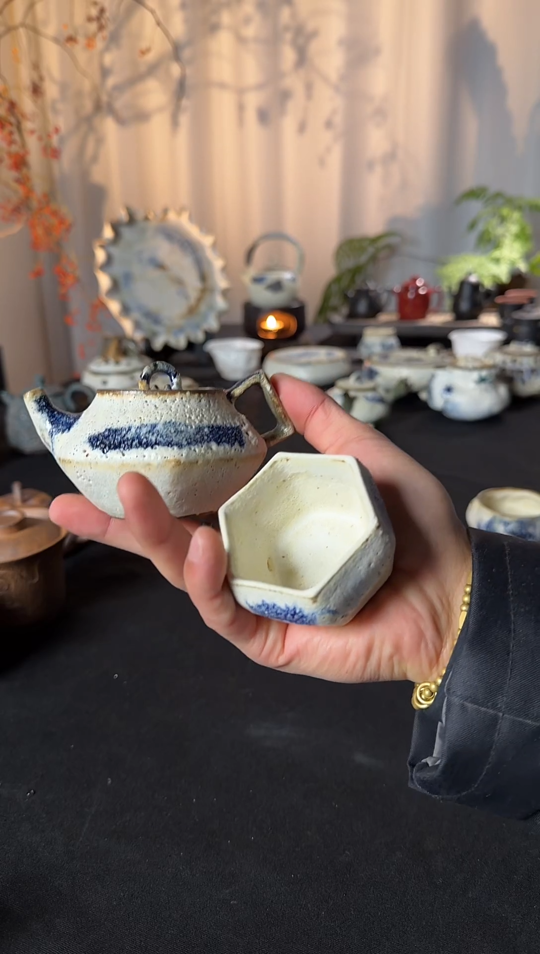 壶陶粉引六顺菱形壶加六顺菱形杯