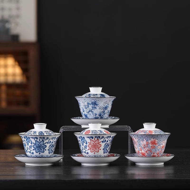 青花三才盖碗茶杯茶碗大号功夫茶具泡茶碗套装陶瓷白瓷功夫碗单个