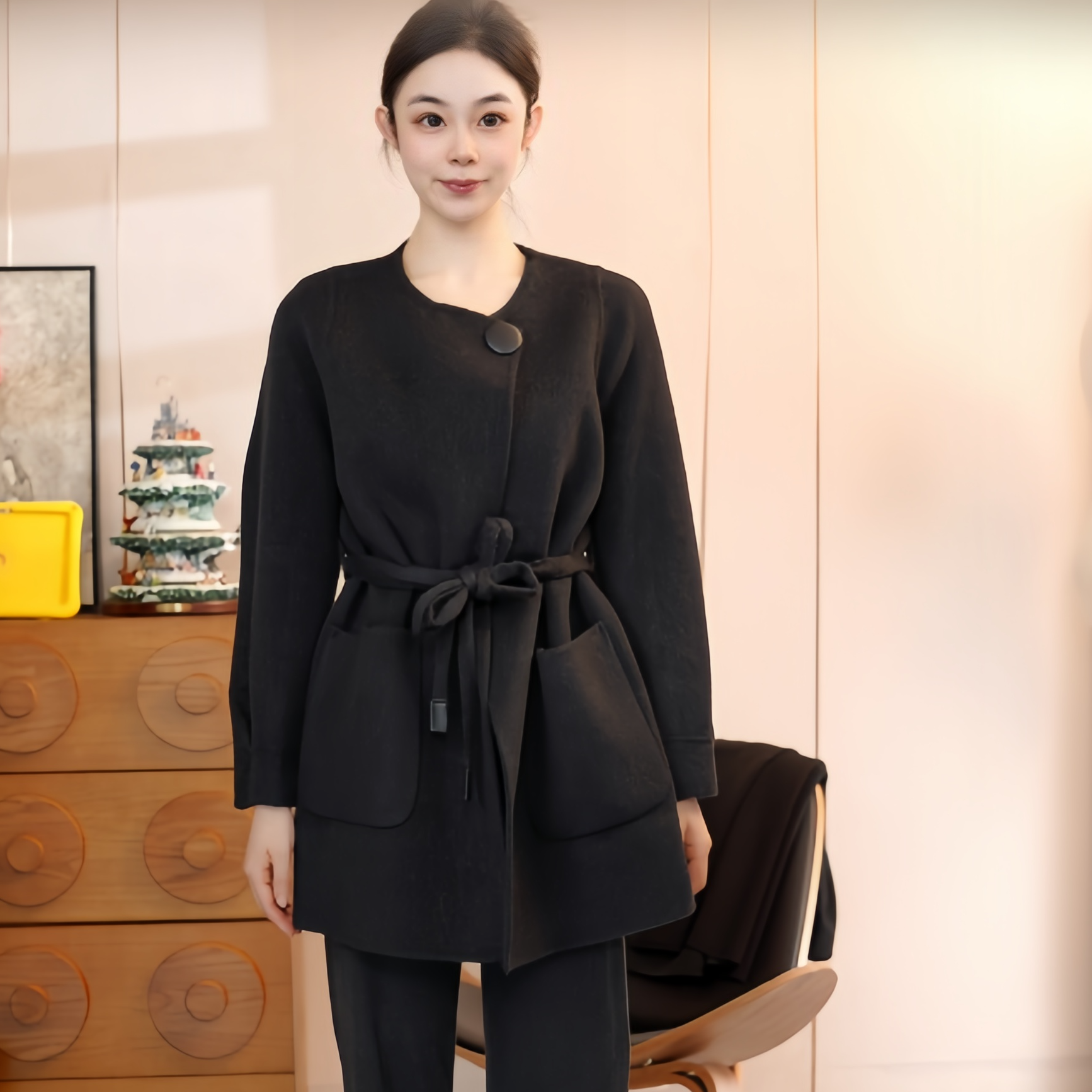 2025秋冬新款小个子短款双面羊绒大衣女抽绳圆领羊毛呢外套258831