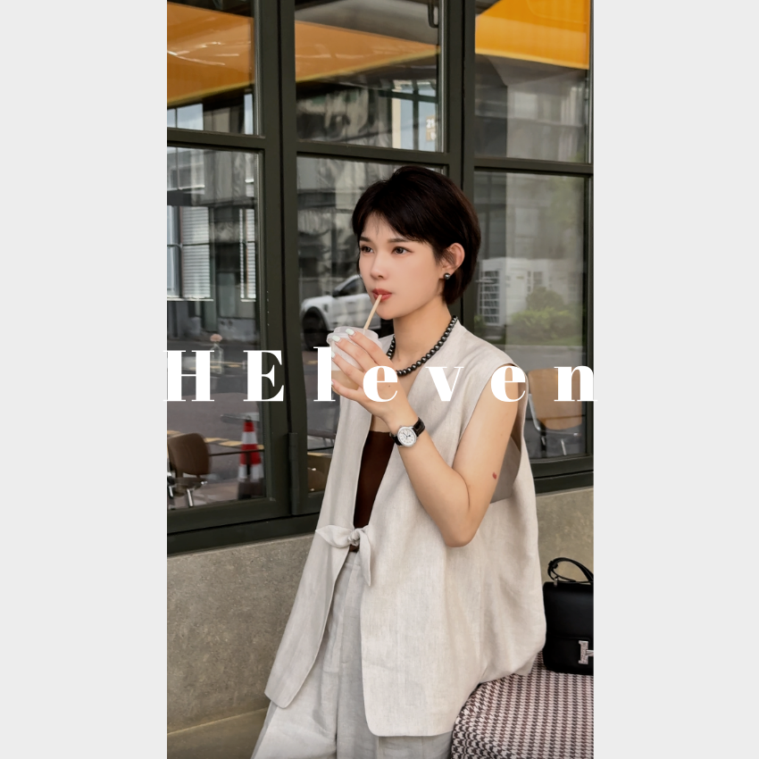 HELeven2025夏新款V领亚麻系结无袖西装马甲女款