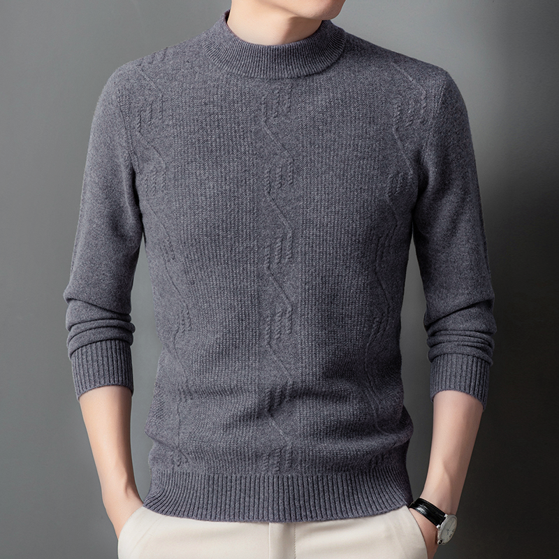 [100%绵羊毛]中老年装冬季男士提花款加厚半高领套头纯羊毛衫