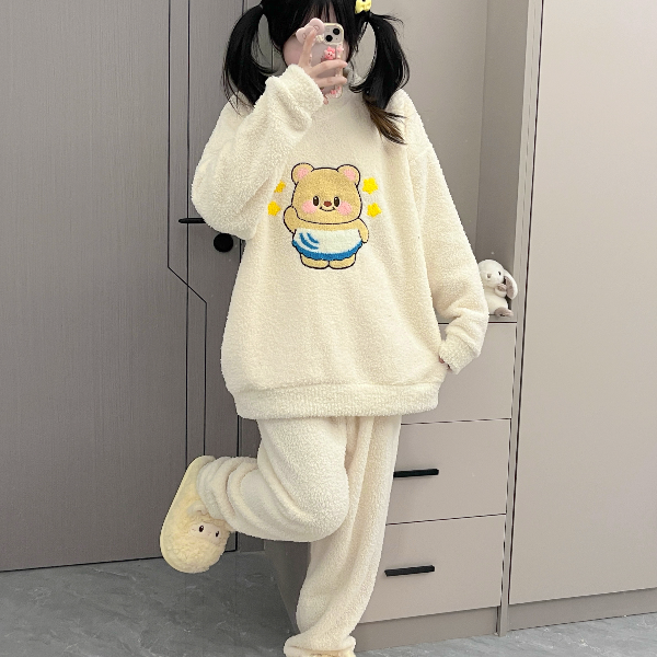 原创！黄油小熊冬季长袖仿半边绒睡衣少女冬加绒甜美可爱家居服