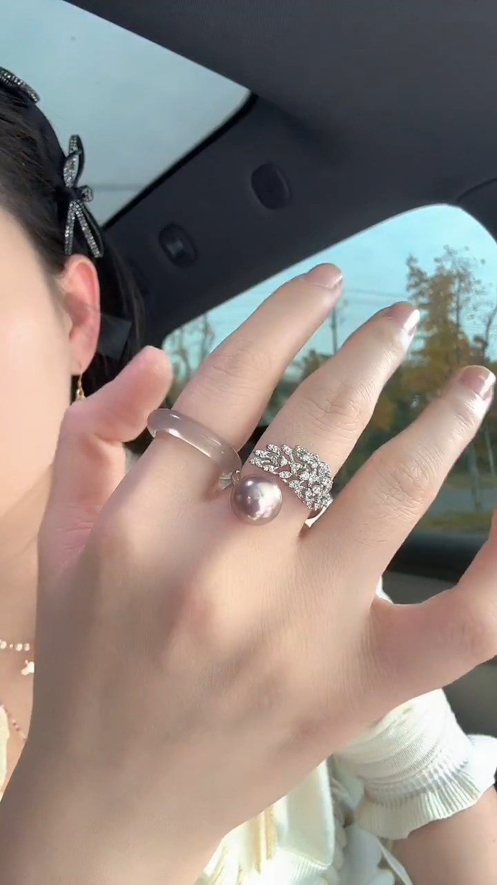 无925银羽毛妖紫色珍珠银戒指