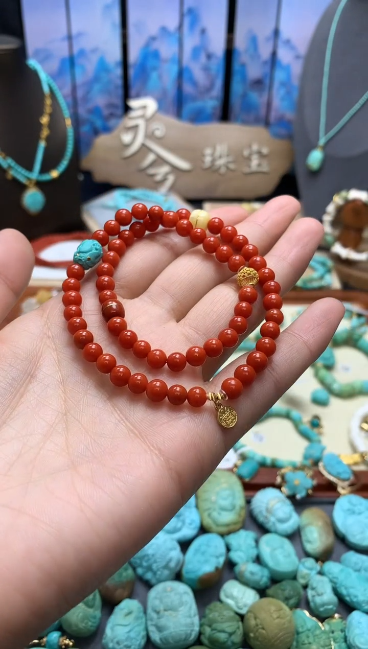 【闪购商品】南红玛瑙手链18K金镶嵌精品南红双圈手链