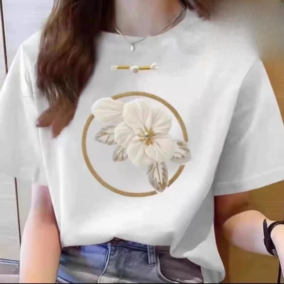 B684白色纯棉时尚休闲百搭夏季宽松圆领小衫