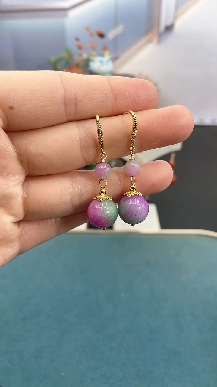 银S925镶嵌翡翠耳饰春彩双珠耳钩