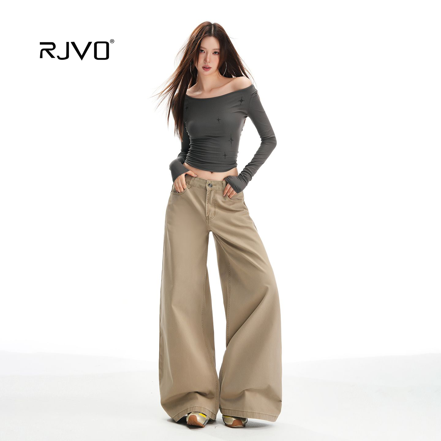 RJVO秋冬季新款洗褪加绒面料高腰显瘦设计宽松阔腿厚绒牛仔裤女