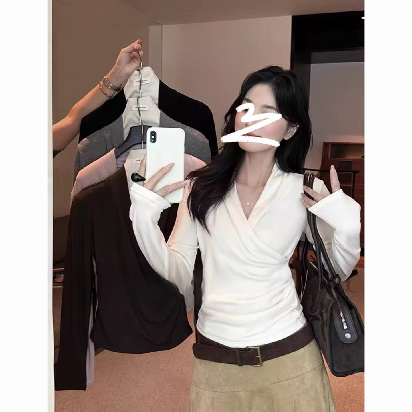 2025秋冬修身设计感交叉长袖打底修身显瘦高级感纯色内搭T恤女