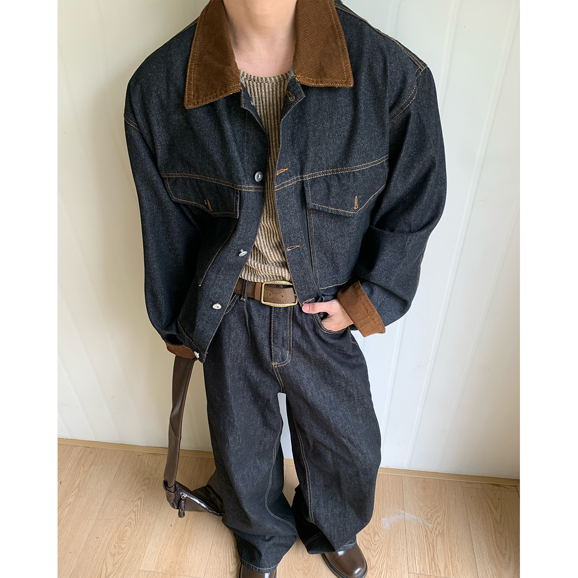 美式街头复古巴恩风丹宁色牛仔外套男vintage工装黑色高级感夹克