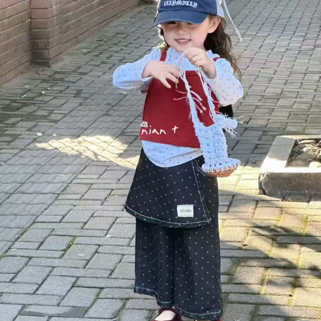 2025波点上衣背心屁帘牛仔裤套装