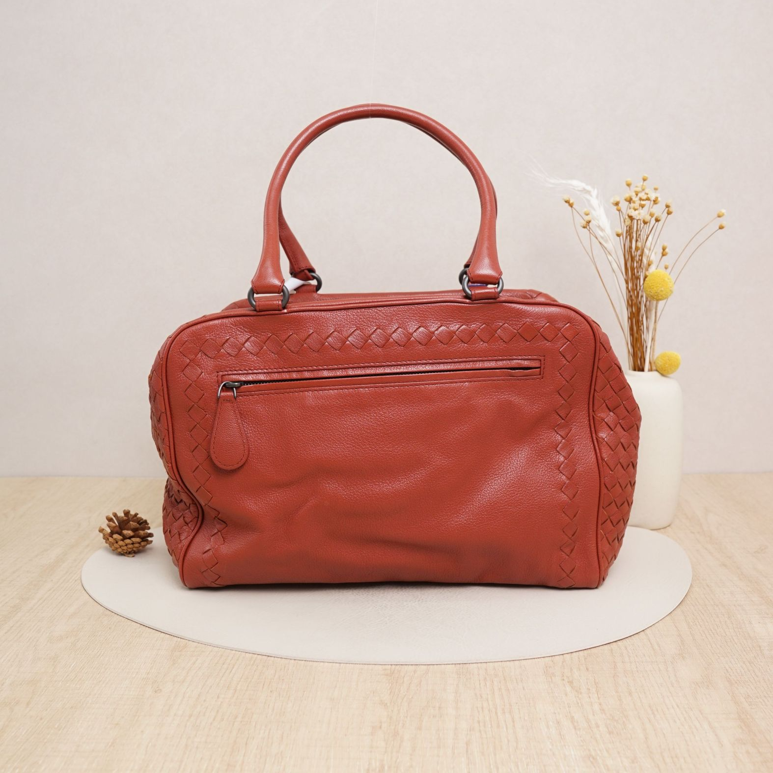 95新 BOTTEGA VENETA/葆蝶家  BV编织手提包红棕色山羊皮/DS03758