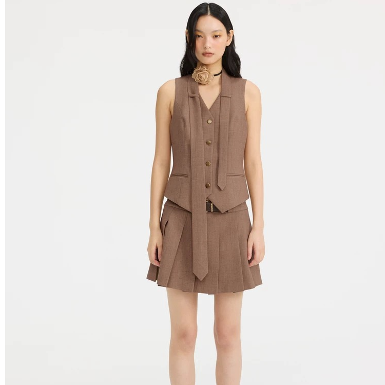 REVAN芮范2025春季新品设计师款摩登复古卡其领带马夹RL10701009