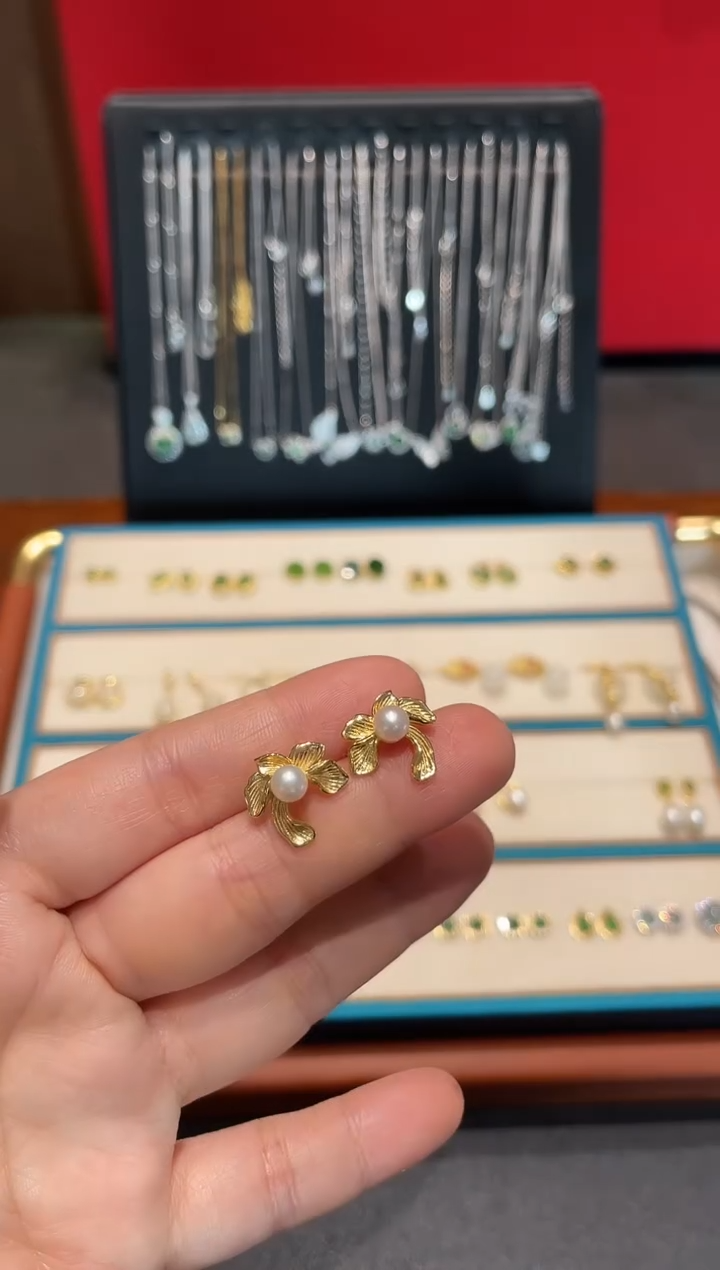 银S925镀金镶嵌耳饰淡水珍珠耳钉