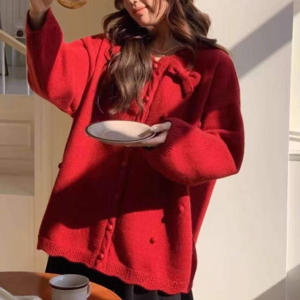 广州定制立体蝴蝶结球球软糯针织开衫毛衣