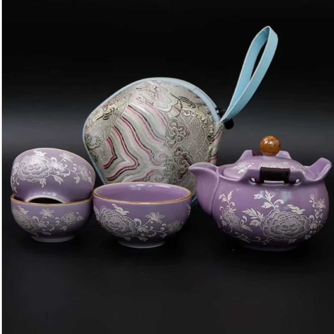 KK0527-紫汝描银牡丹缠枝莲手抓一壶三杯旅行套