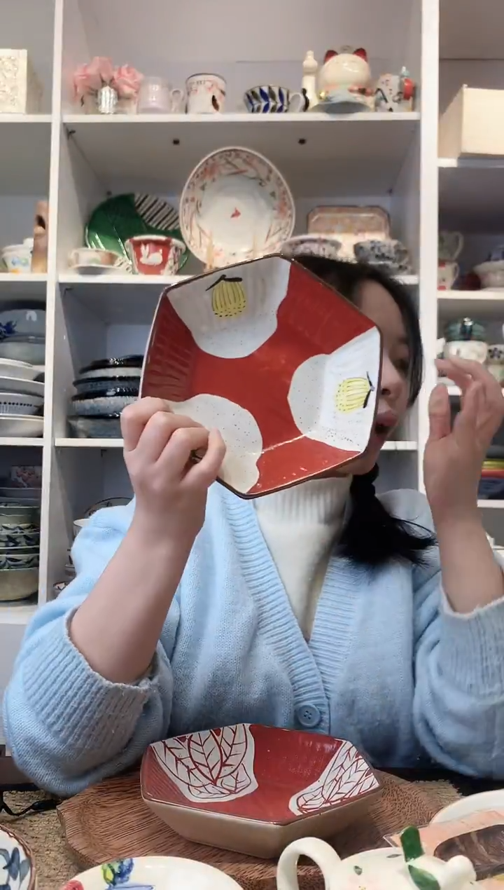 陶瓷【孤品】赤绘六角盘16.5cm