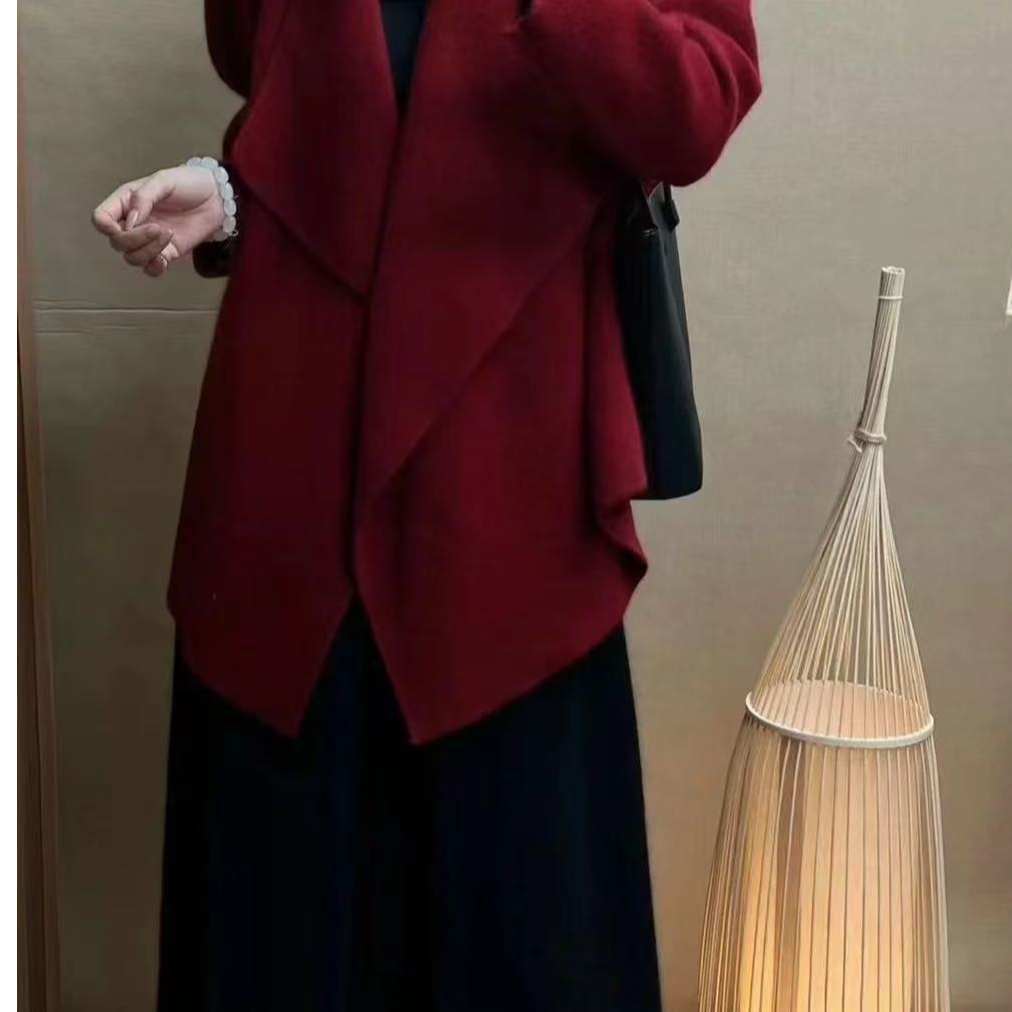 苏若兰 小骆驼绒双面呢大衣中长款大方领毛呢外套柔软贴身不扎