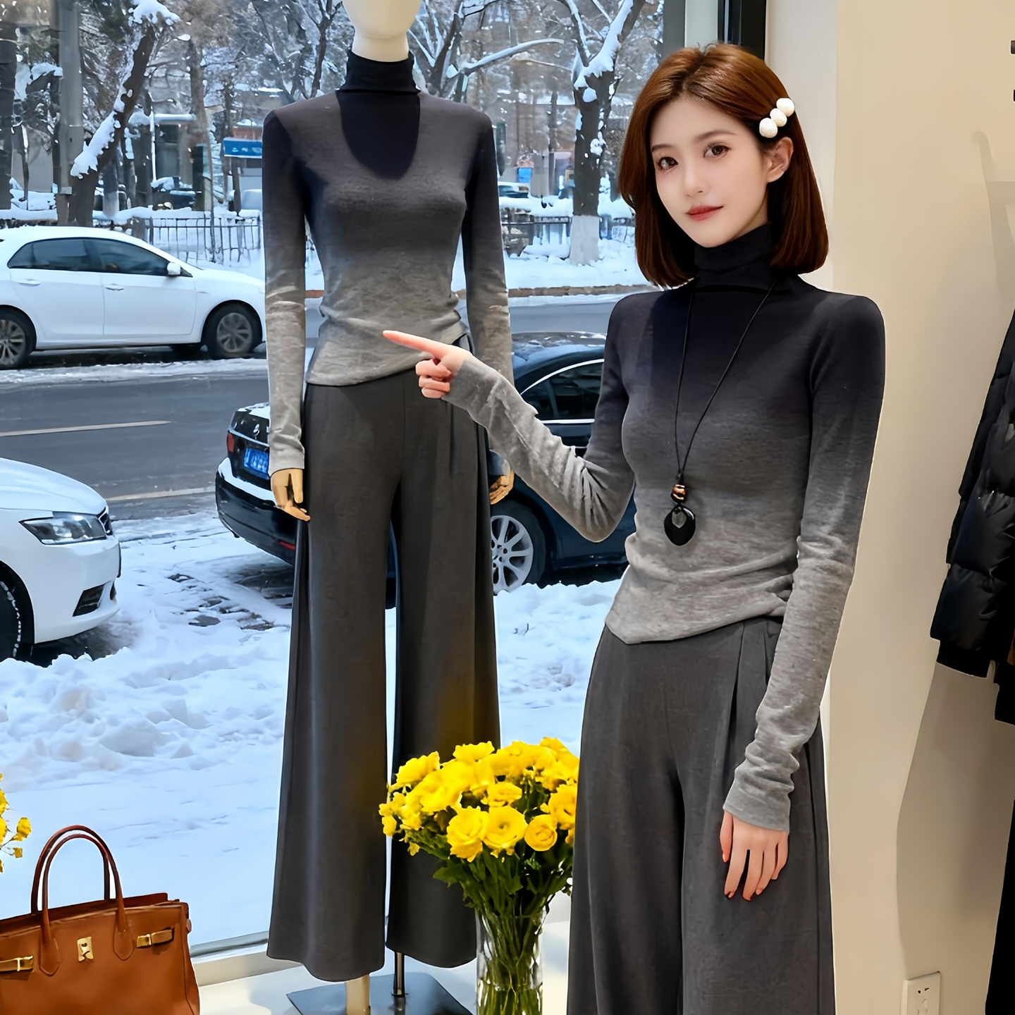 高级感渐变色堆堆高领T恤女秋冬季2025新款时尚打底百搭晕染上衣