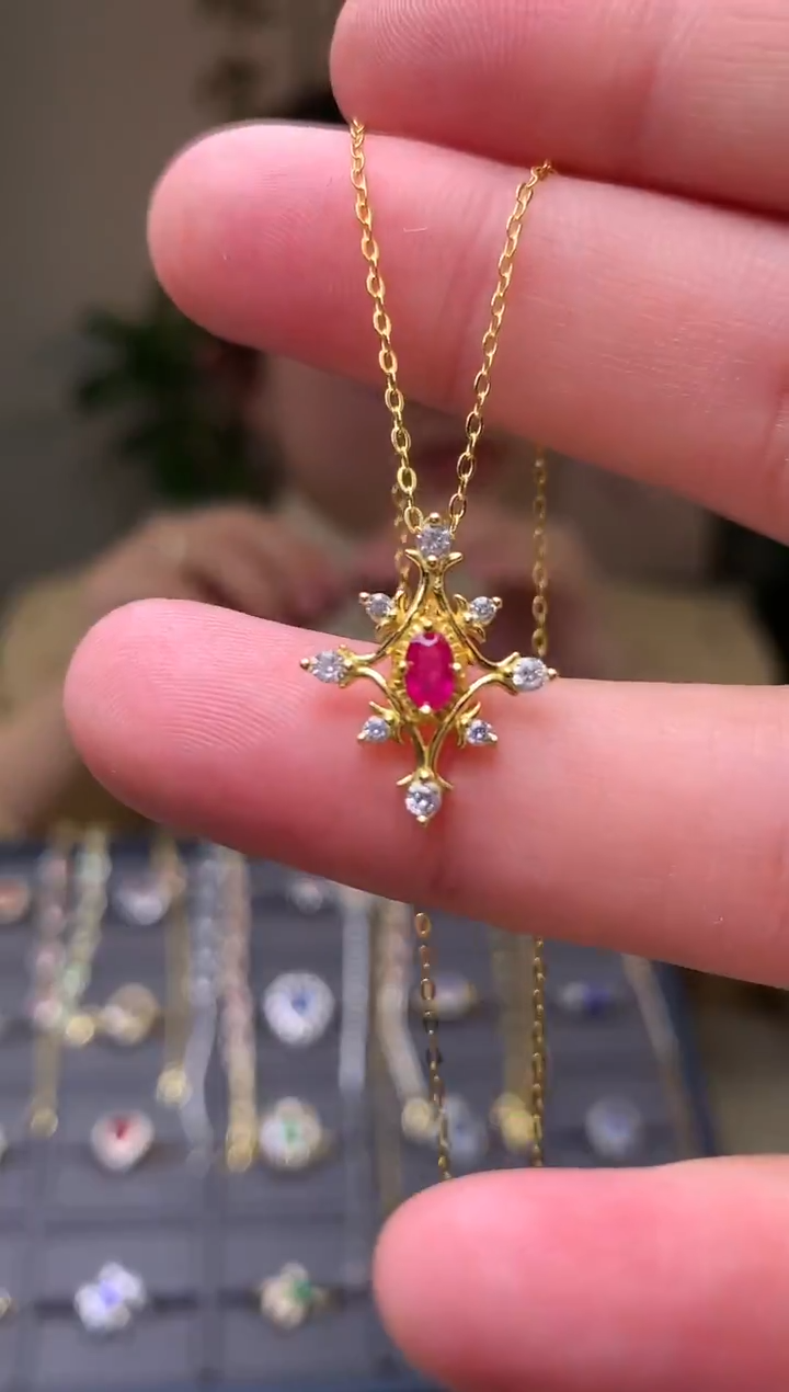 银S925镶嵌颈饰红宝石吊坠