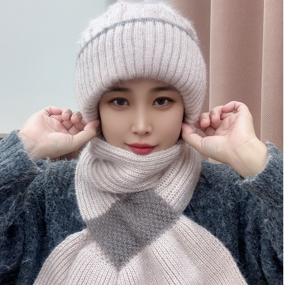 【内里加绒】冬季加绒加厚一体帽子双拼新款松鼠绒帽子围巾一体