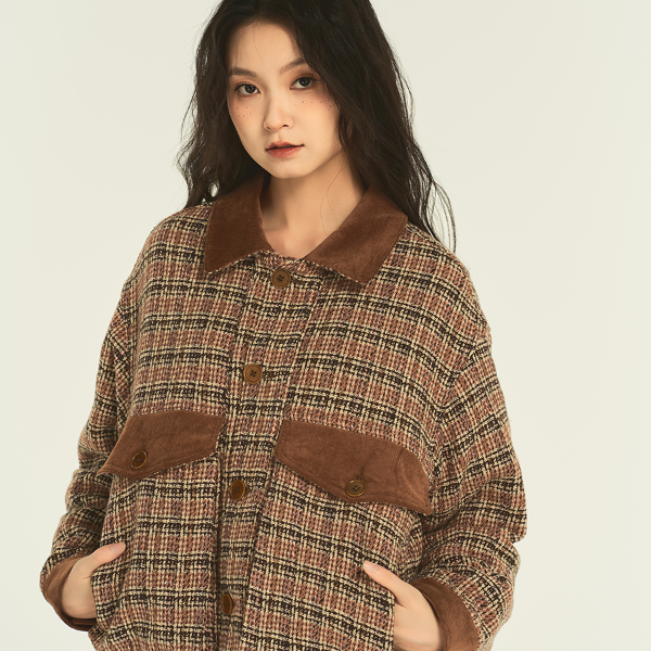 「男女同款」蓝布屋小时代羊毛格纹呢子夹克棉服外套TKBLCOT803