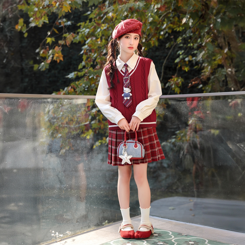 年服女大童马甲+衬衫+裙子新款洋气休闲三件套亲子装-SW875