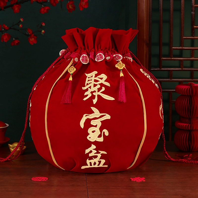 结婚包袱皮刺绣束口福袋女方陪嫁聚宝盆抽拉包裹红布婚庆用品大全